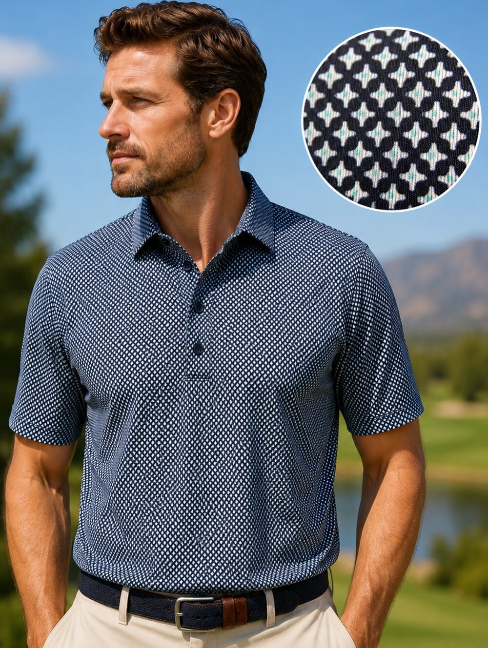FootJoy Golf Polo Performance Stretch Navy Green Geometric Print Shirt Large